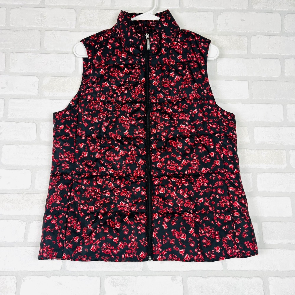 Michael Kors Women Ruby Gemstone Print Puffer Vest Black Red Zip Up Large